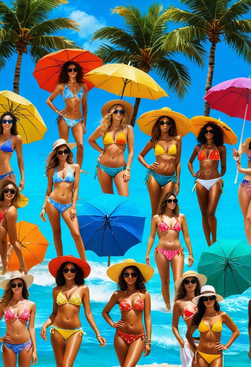 A vibrant beach scene showcasing diverse women in stylish Brazilian bikinis, surrounded by tropical palm trees and colorful beach umbrellas. Include elements like sun hats, sunglasses, and beach accessories to enhance the summer vibe. The background should feature a bright blue ocean with a clear sky, and the scene should exude a fun and festive atmosphere. super-realistic. vibrant colors. sunlit surroundings.
